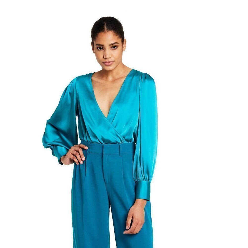 NWT Sergio Hudson Target Teal Blue Long Sleeve Wrap Satin Bodysuit Medium